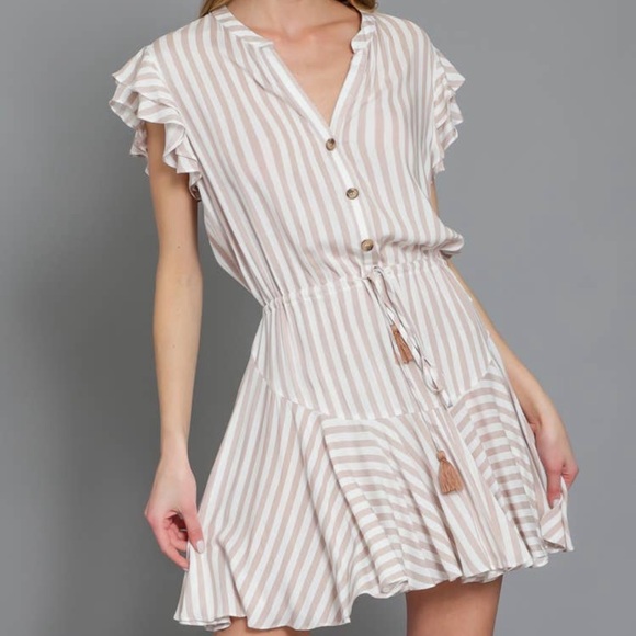 NWOT Tan & White Striped Ruffle Sleeve Shirt Dress - Picture 8 of 10